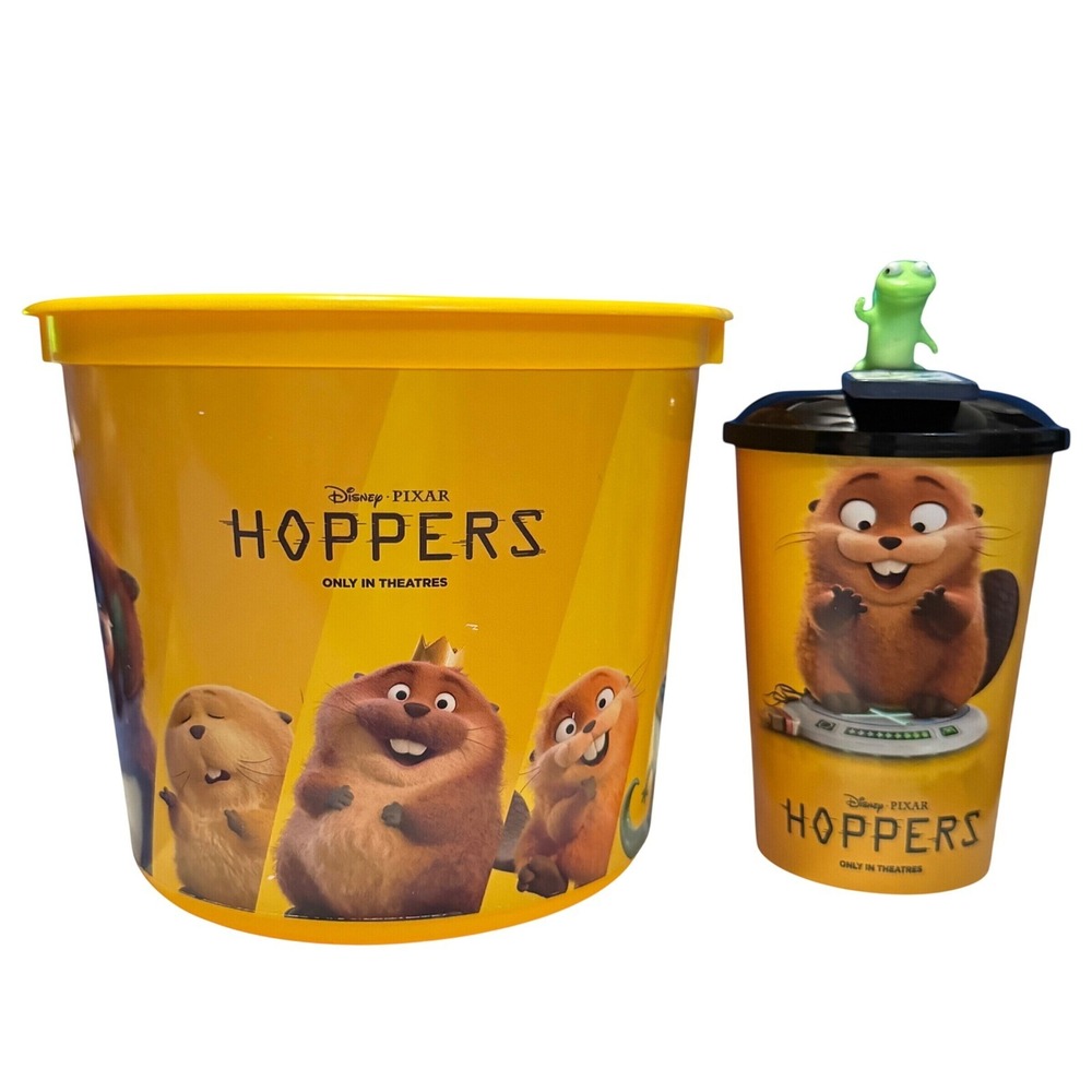 Disney Pixar Hoppers Popcorn Bucket Cup Set Lid Green Lizard Topper Theater